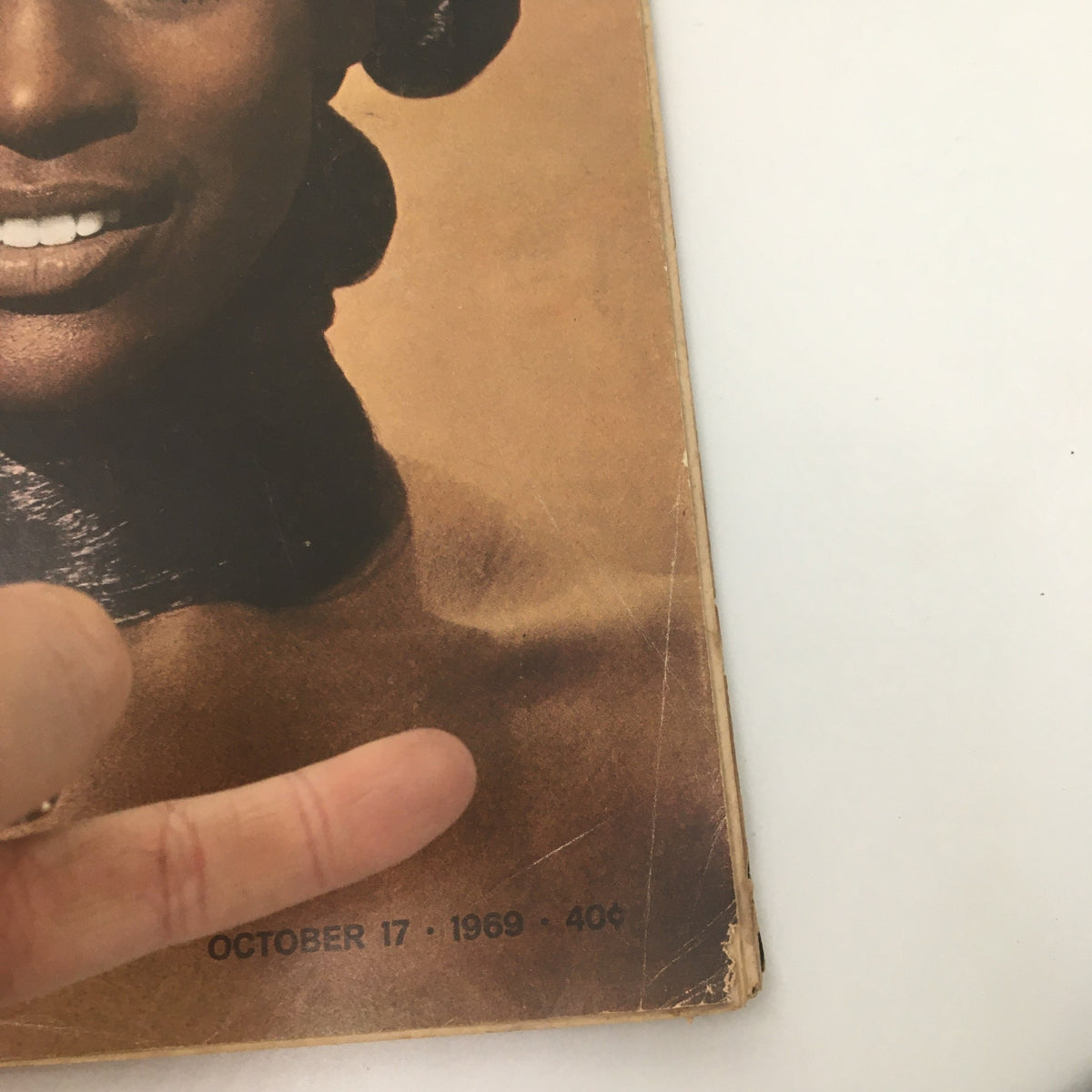 Close-up view of the cover of VTG Life Magazine October 17 1969, highlighting Naomi Sims, a pioneering black model, with the magazine's publication date and price visible.