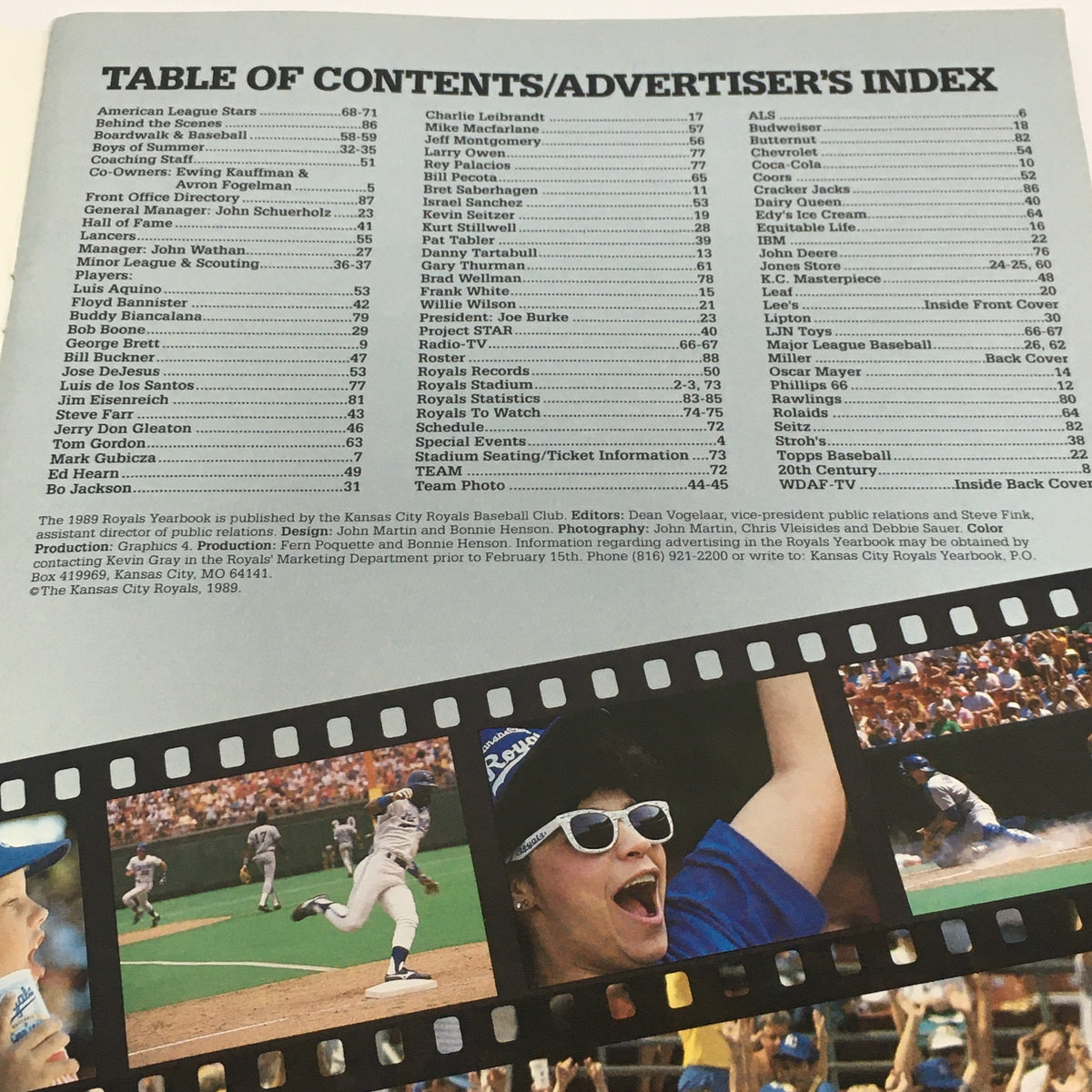 1989 MLB Official Team: Kansas City Royals Yearbook showing the Table of Contents and Advertiser's Index, highlighting key sections such as player listings, team information, and statistics.