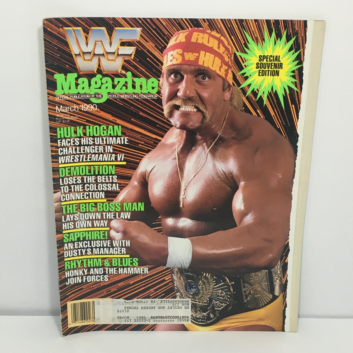 WWF / WWE Magazine March 1990 featuring Hulk Hogan on the cover. The issue highlights iconic wrestlers such as Demolition and The Big Boss Man, showcasing the excitement of professional wrestling during that era.