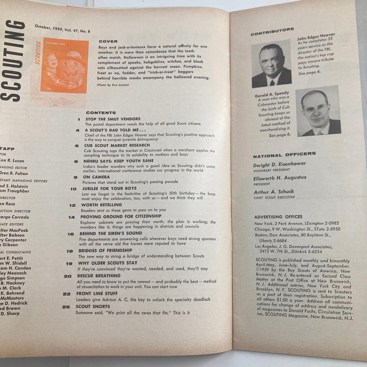 Inside page of VTG Scouting Magazine October 1959 displaying contents and contributors, highlighting historical scouting topics and activities.