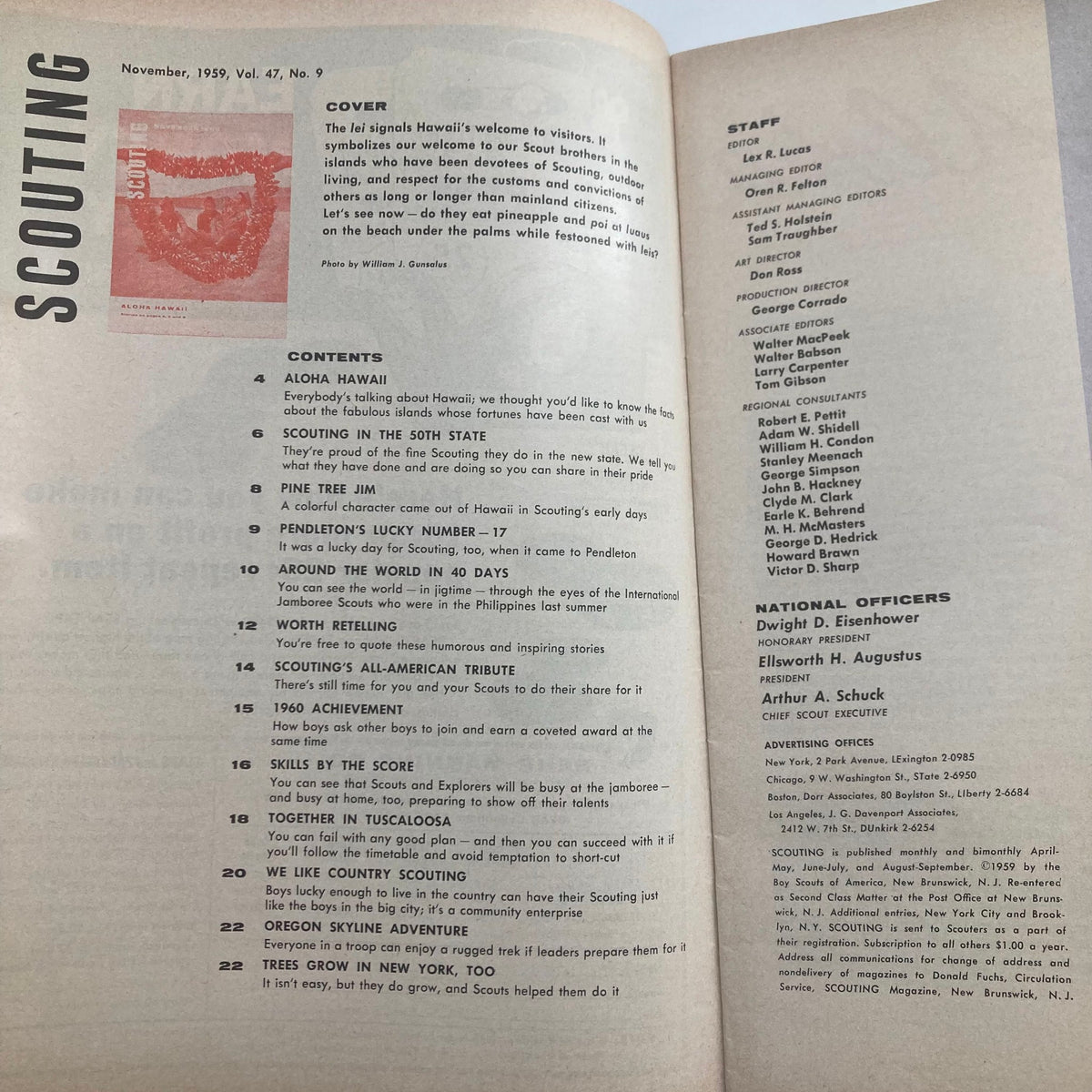 Contents page of VTG Scouting Magazine November 1959, Vol 47 No. 9, detailing articles related to Hawaii and scouting activities.
