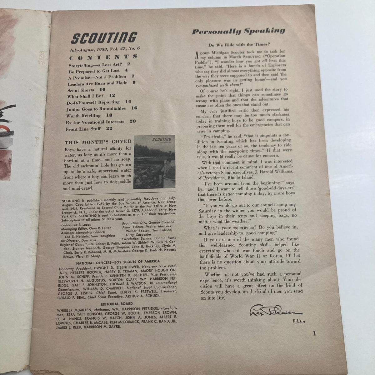 Interior page of VTG Scouting Magazine July 1959 featuring the contents section and editorial note, highlighting outdoor activities and scouting tips.