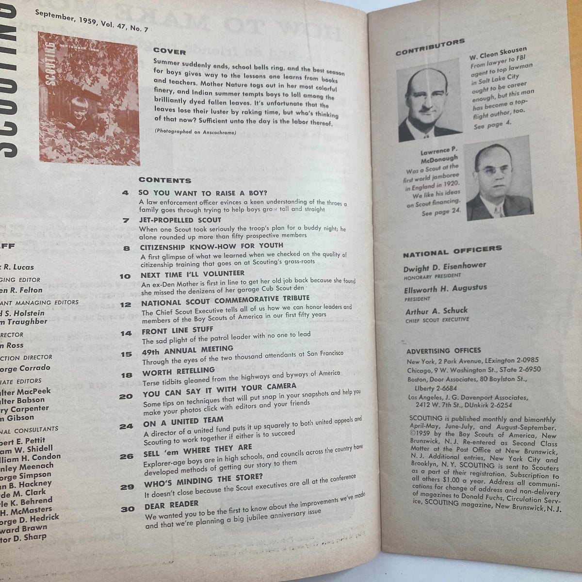 Interior page of VTG Scouting Magazine September 1959 Vol 47 No. 7 showcasing contents and contributors.