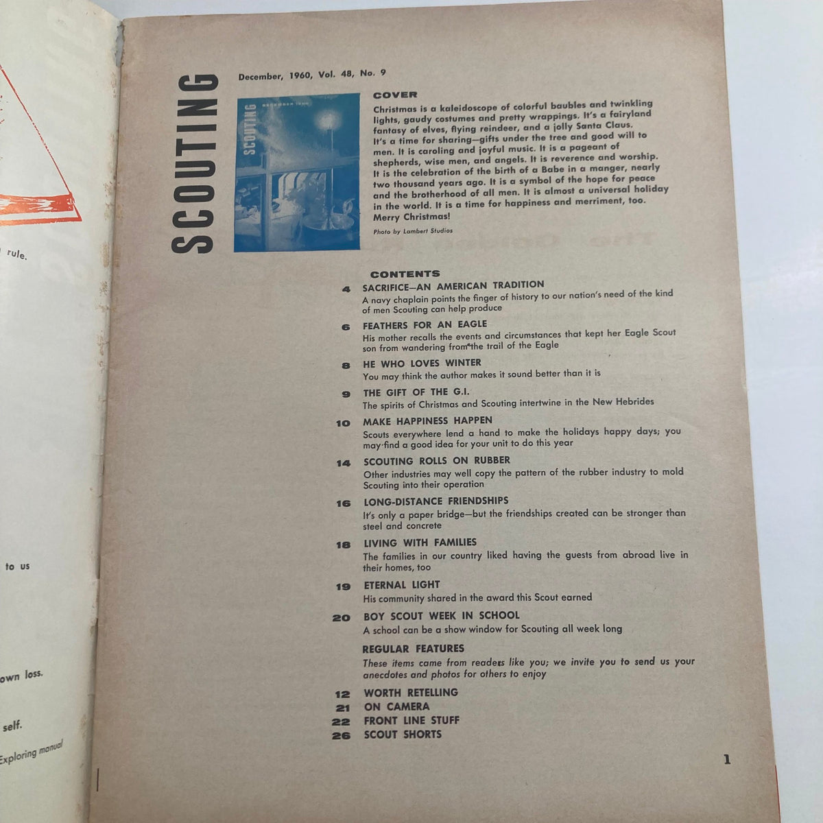Interior page of VTG Scouting Magazine December 1960 Vol 48 No. 9 displaying the table of contents and featured articles related to scouting traditions and seasonal activities.