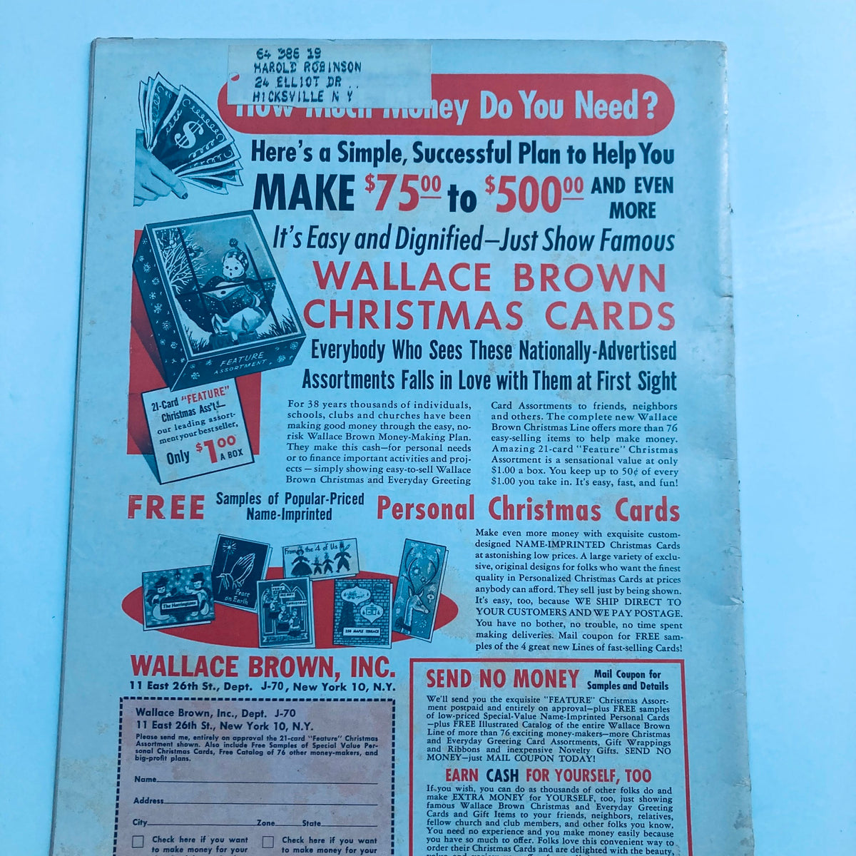 Back cover of VTG Scouting Magazine September 1958, featuring an advertisement for Wallace Brown Christmas Cards, showcasing colorful graphics and promotional text.