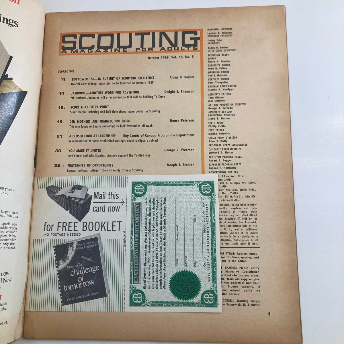 Inside view of the VTG Scouting Magazine from October 1968, Volume 56, No. 8, showcasing the table of contents and advertisements reflecting scouting themes and outdoor adventures.