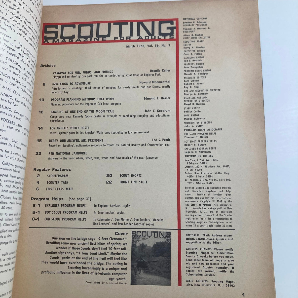 Interior page of VTG Scouting Magazine March 1968, Volume 56, No. 3 displaying contents and articles including 'Los Angeles Police Posts' and insights on scouting initiatives, reflecting the magazine's historical significance.