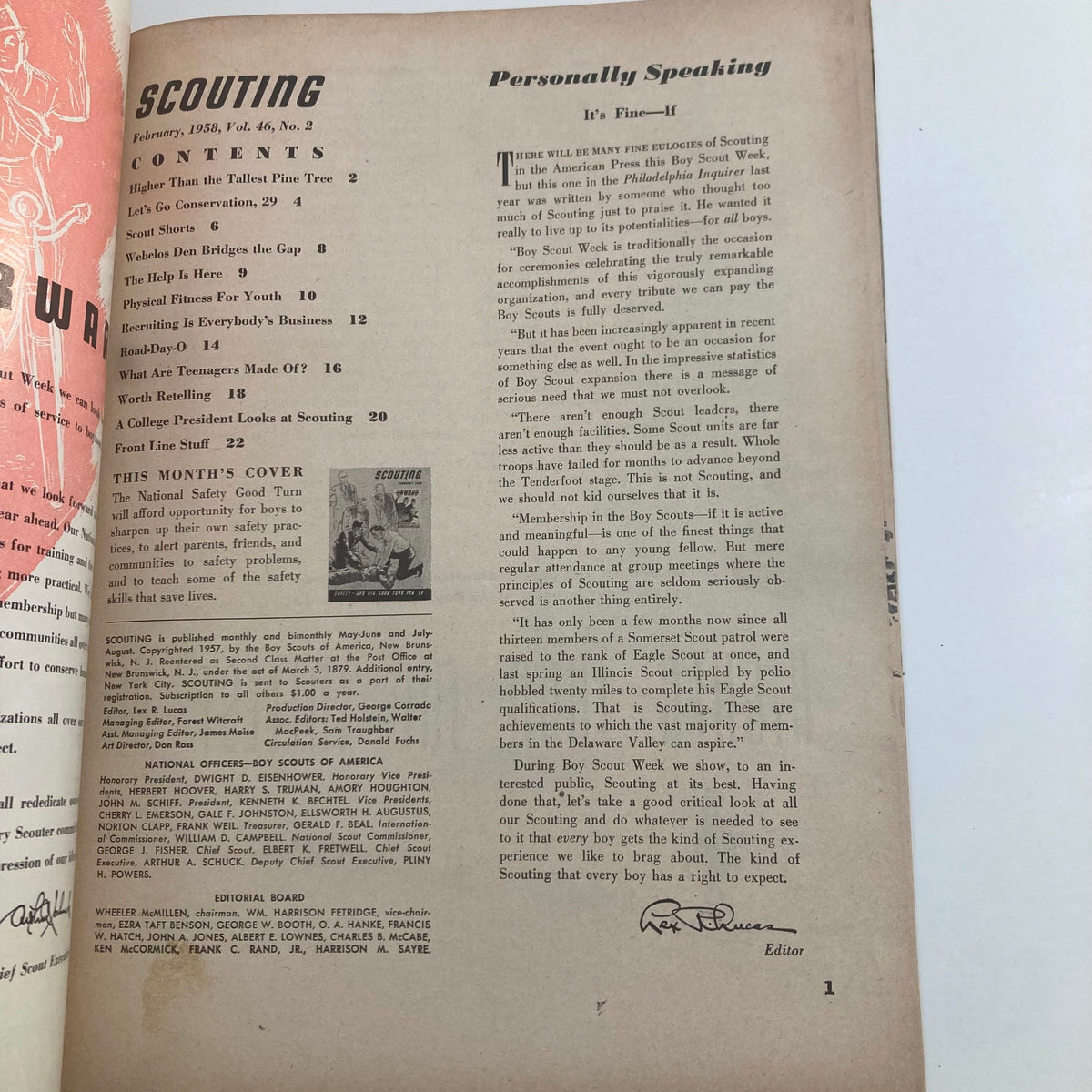 Inside page of VTG Scouting Magazine February 1958 Vol 46 No. 2 Safety - Big Turn showing the table of contents and editor's note, highlighting articles on scouting topics and safety measures.