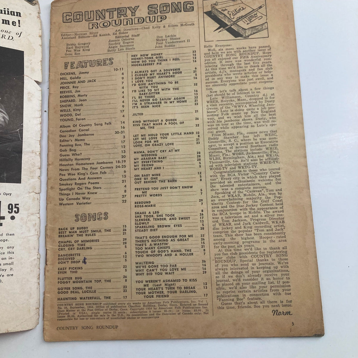 Table of contents page of VTG Country Song Roundup Magazine September 1954, detailing featured articles and song lyrics.