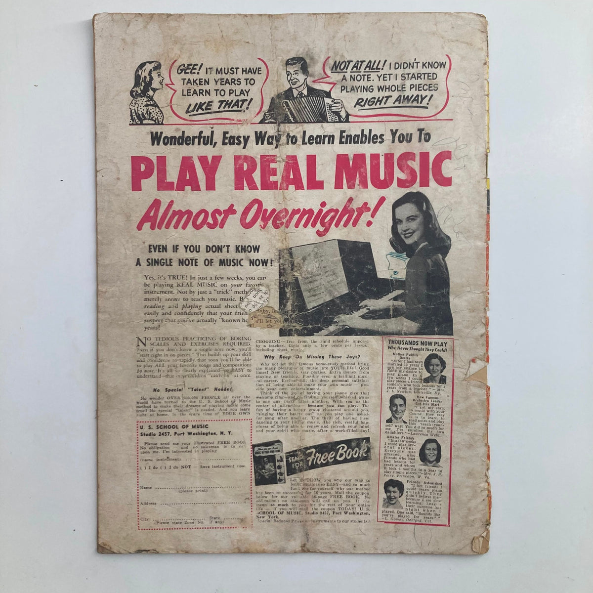 Back cover of VTG Country Song Roundup Magazine from September 1954, advertising music lessons and featuring a woman playing piano.