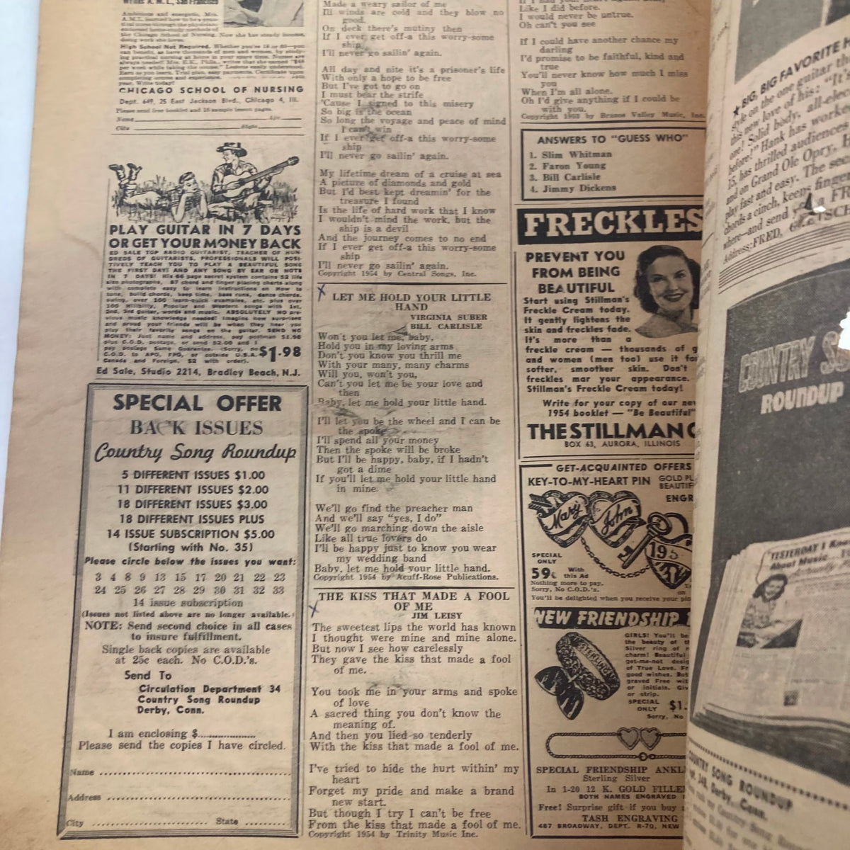 Interior page of VTG Country Song Roundup Magazine September 1954, filled with song lyrics and advertisements, perfect for vintage music enthusiasts.