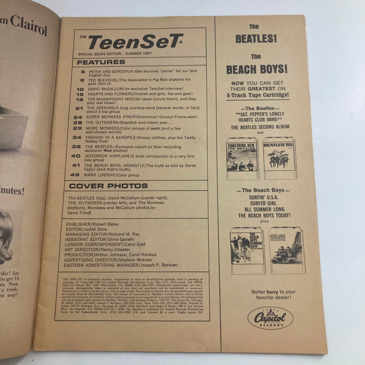 Inside page of The Teen Set Magazine Summer 1967 displaying features and cover photos of iconic bands including The Beatles and The Beach Boys, capturing the essence of 1960s pop culture.