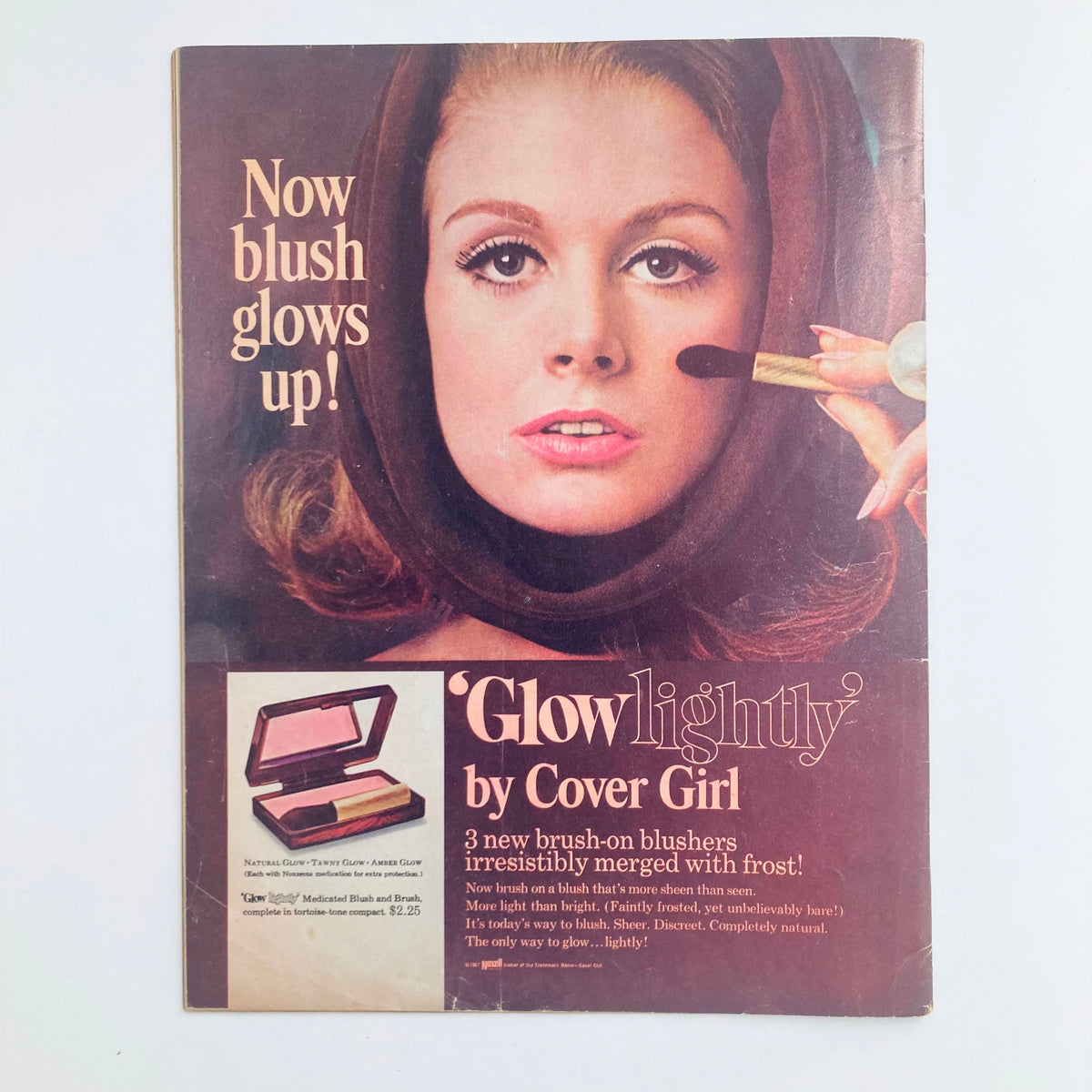 Advertorial page from The Teen Set Magazine Summer 1967 featuring Cover Girl's Glowlight blush products, emphasizing 1960s beauty trends.