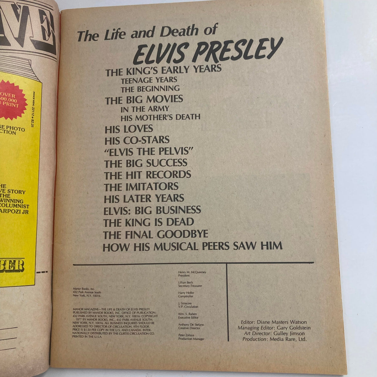 Interior page of VTG Manor Magazine 1977 featuring the article titled 'The Life and Death of Elvis Presley' with a list of chapters covering key aspects of Elvis's life.
