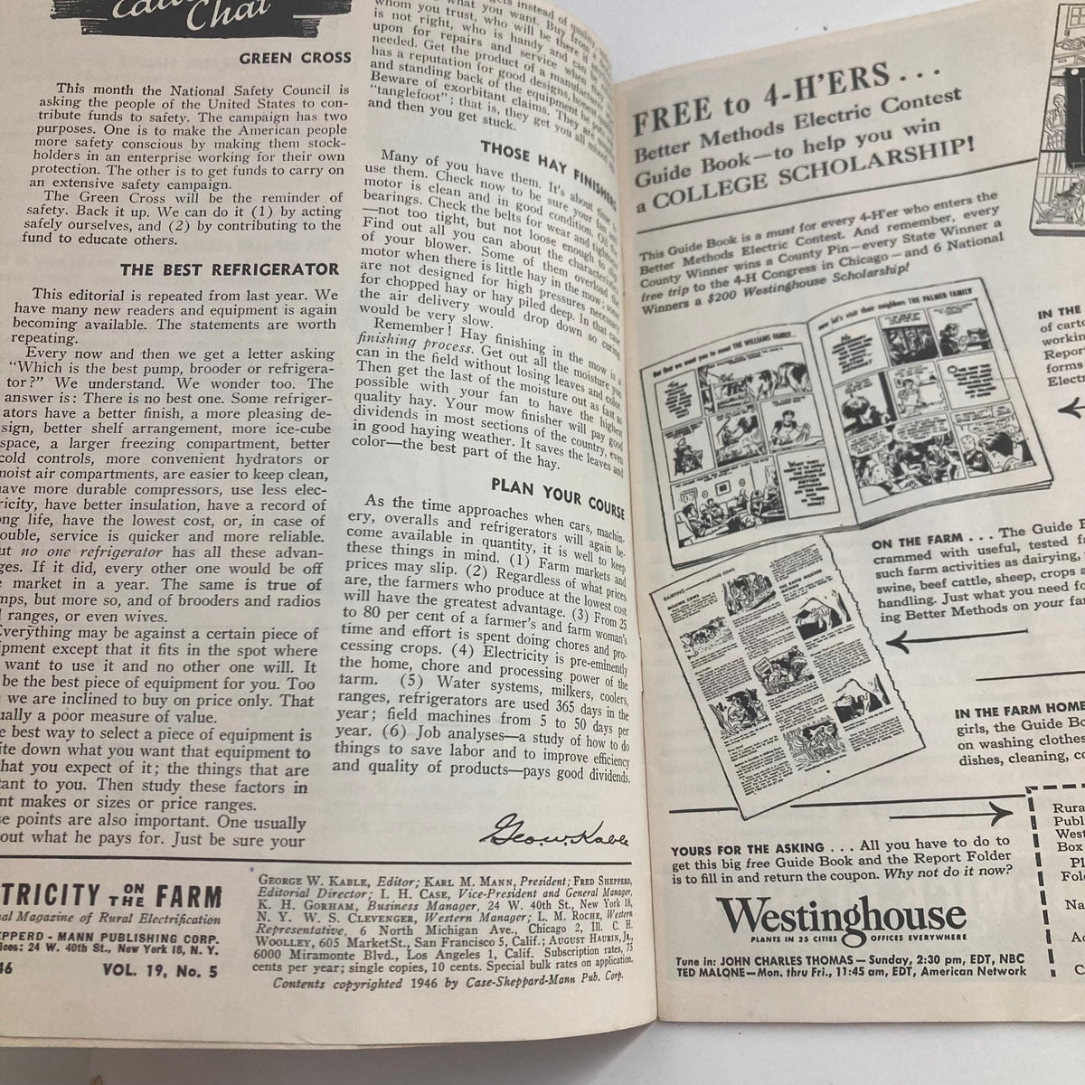 Interior page of VTG Electricity on the Farm Magazine May 1946, featuring articles on hay finishing and agricultural technology of the 1940s.