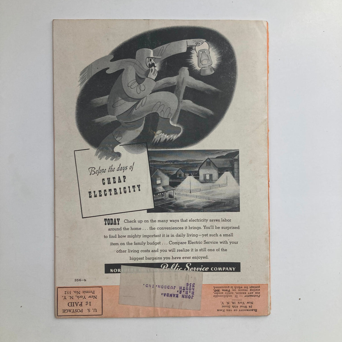 Back cover of VTG Electricity on the Farm Magazine February 1946 illustrating a vintage advertisement emphasizing the importance and affordability of electricity for farming.