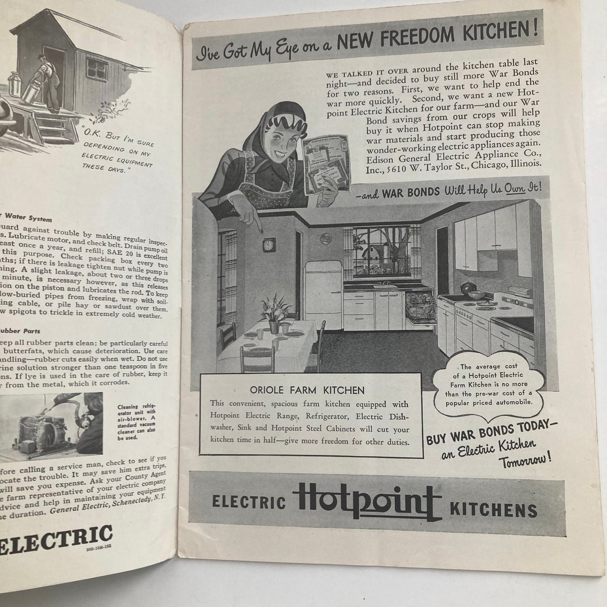 Interior page of VTG Electricity on the Farm Magazine May 1943, highlighting electric kitchen appliances and war bond advertisements.