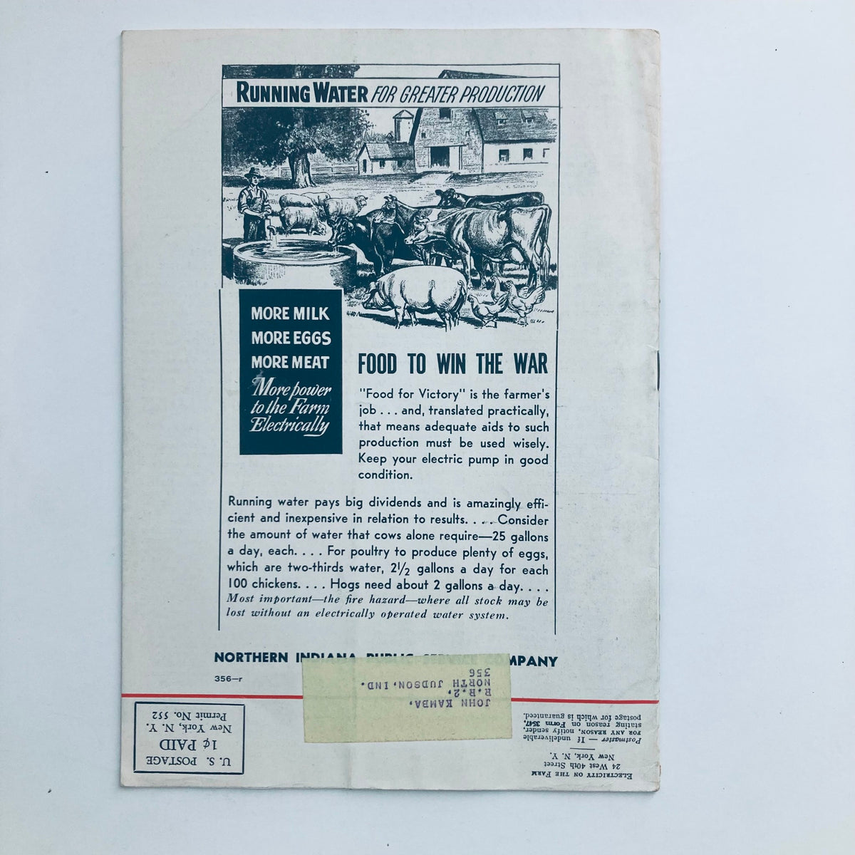 Back cover of VTG Electricity on the Farm Magazine June 1943 showcasing the theme 'Running Water for Greater Production' and emphasizing the importance of electricity in farming, particularly for livestock operations.