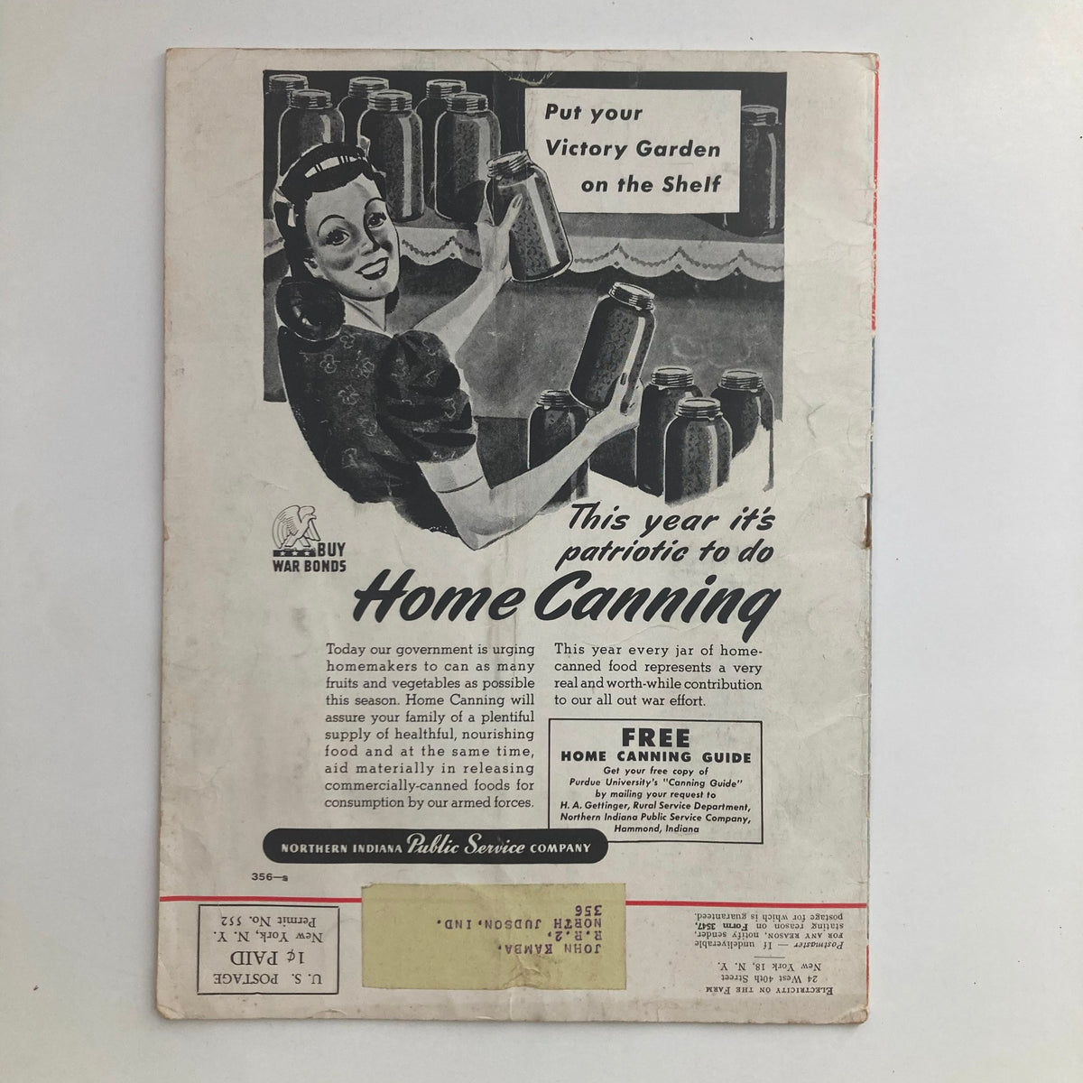 Back cover of VTG Electricity on the Farm Magazine July 1943 promoting home canning for Victory Gardens with a patriotic theme.