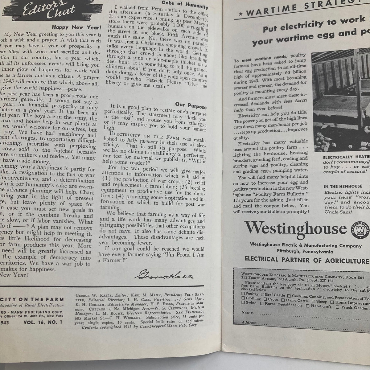 Interior page of VTG Electricity on the Farm Magazine January 1943, showcasing the editor's chat and insights on wartime farming practices and electricity's role in agriculture.