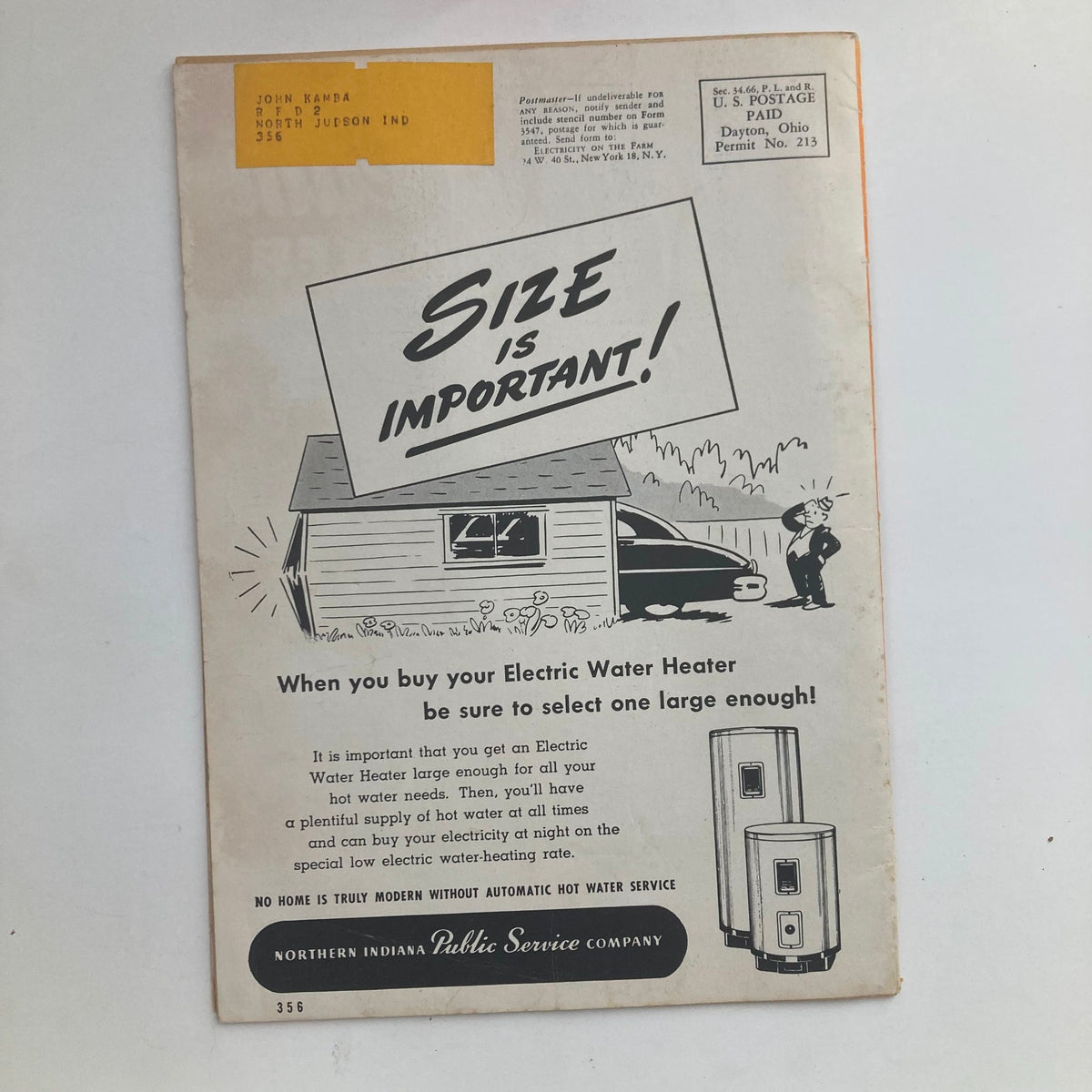 Back cover of the February 1950 'Electricity on the Farm' magazine with an ad emphasizing the importance of selecting the right size electric water heater for home use.