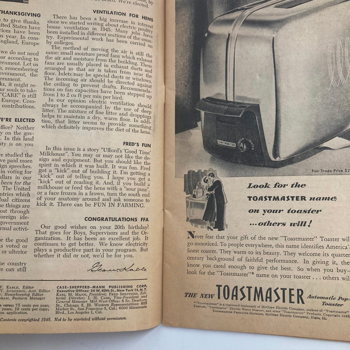 Inside pages of Electricity on the Farm Magazine from November 1948, showcasing articles about farm management and advertisements for household appliances.