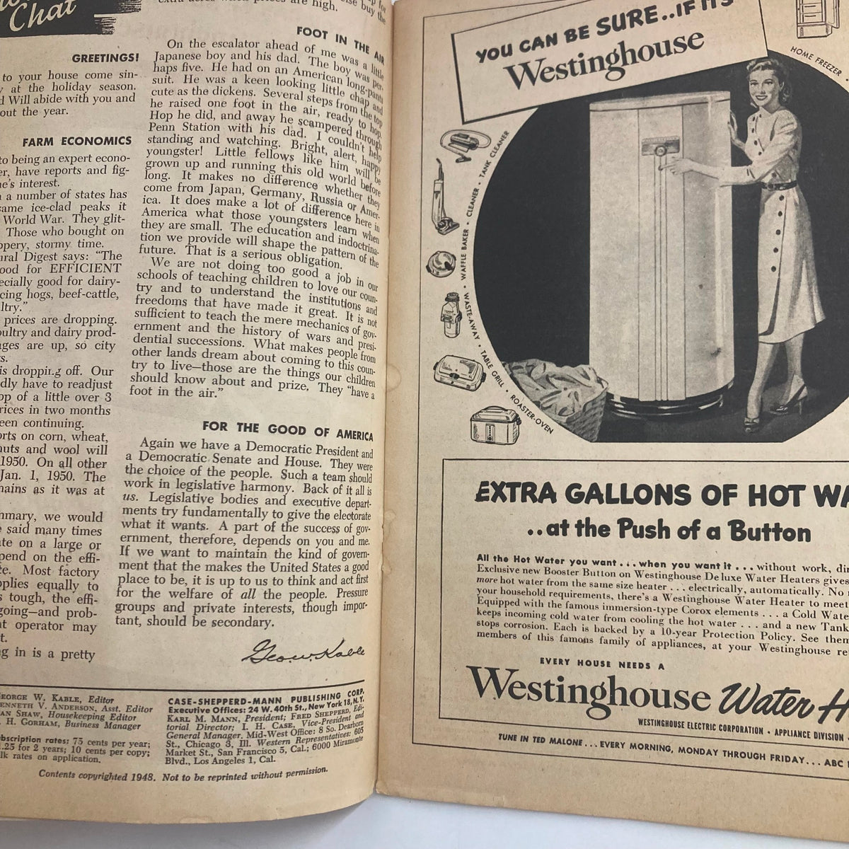 Interior page of VTG Electricity on the Farm Magazine December 1948, showcasing an advertisement for Westinghouse appliances and an article introduction.