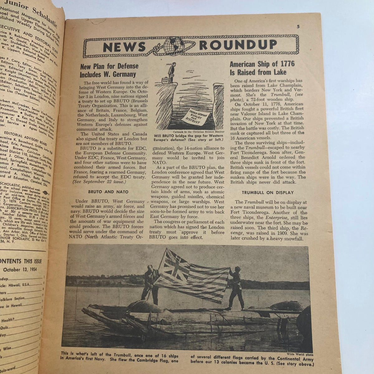 Inside page from Junior Scholastic Magazine October 13, 1954, detailing a news roundup about defense plans and historical facts related to the American ship of 1776, the Trumbull.