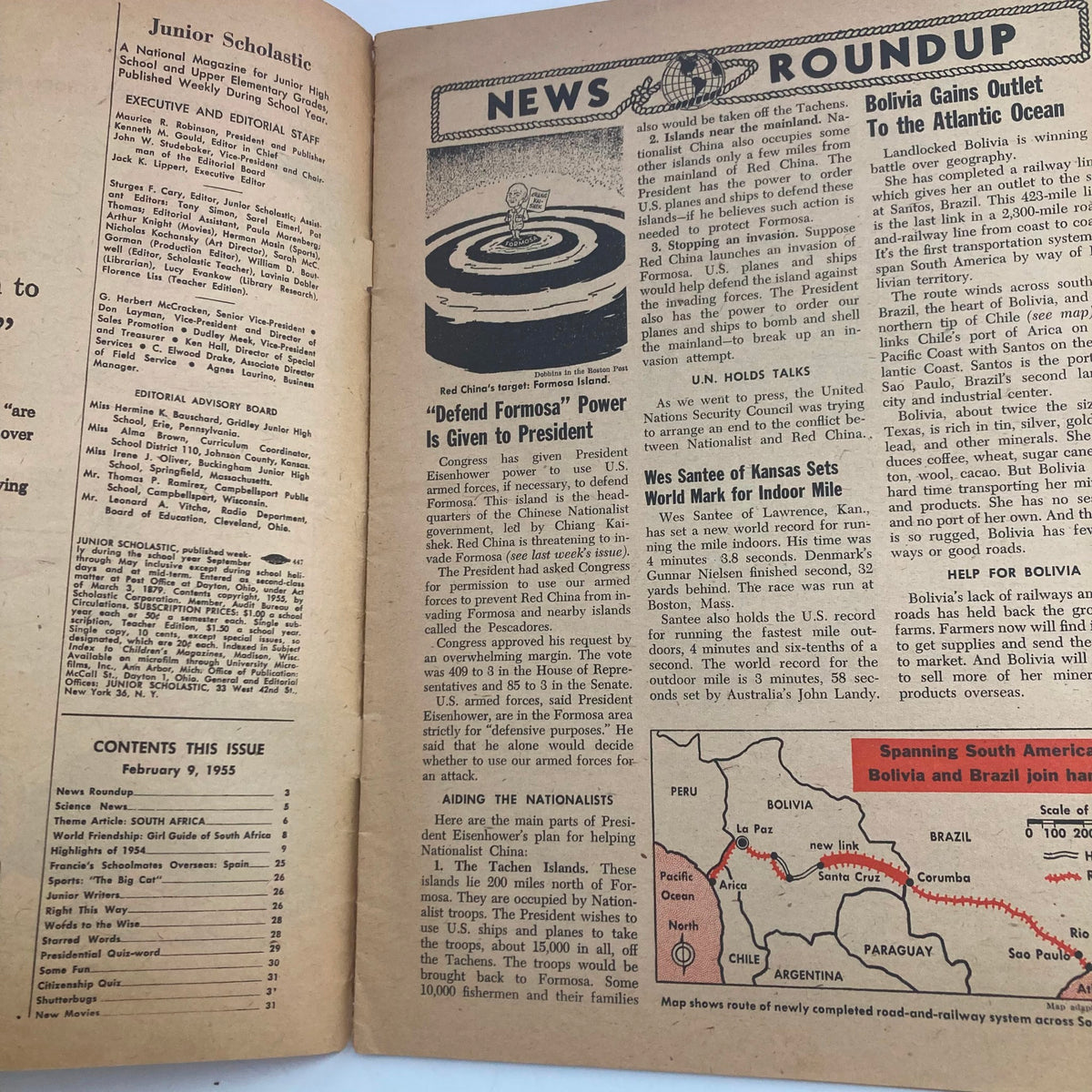Inside page of Junior Scholastic Magazine February 9 1955, featuring the editorial team, table of contents, and articles with themed content for 'Be Our Valentine,' showcasing vintage print media from the 1950s.