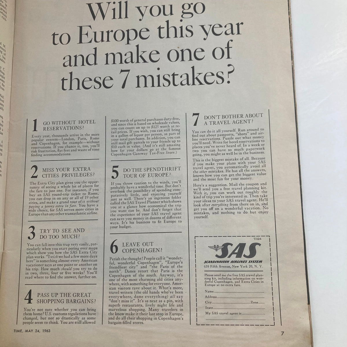 Inside page of the VTG Time Magazine May 24 1963 discussing travel tips with headline 'Will you go to Europe this year and make one of these 7 mistakes?'