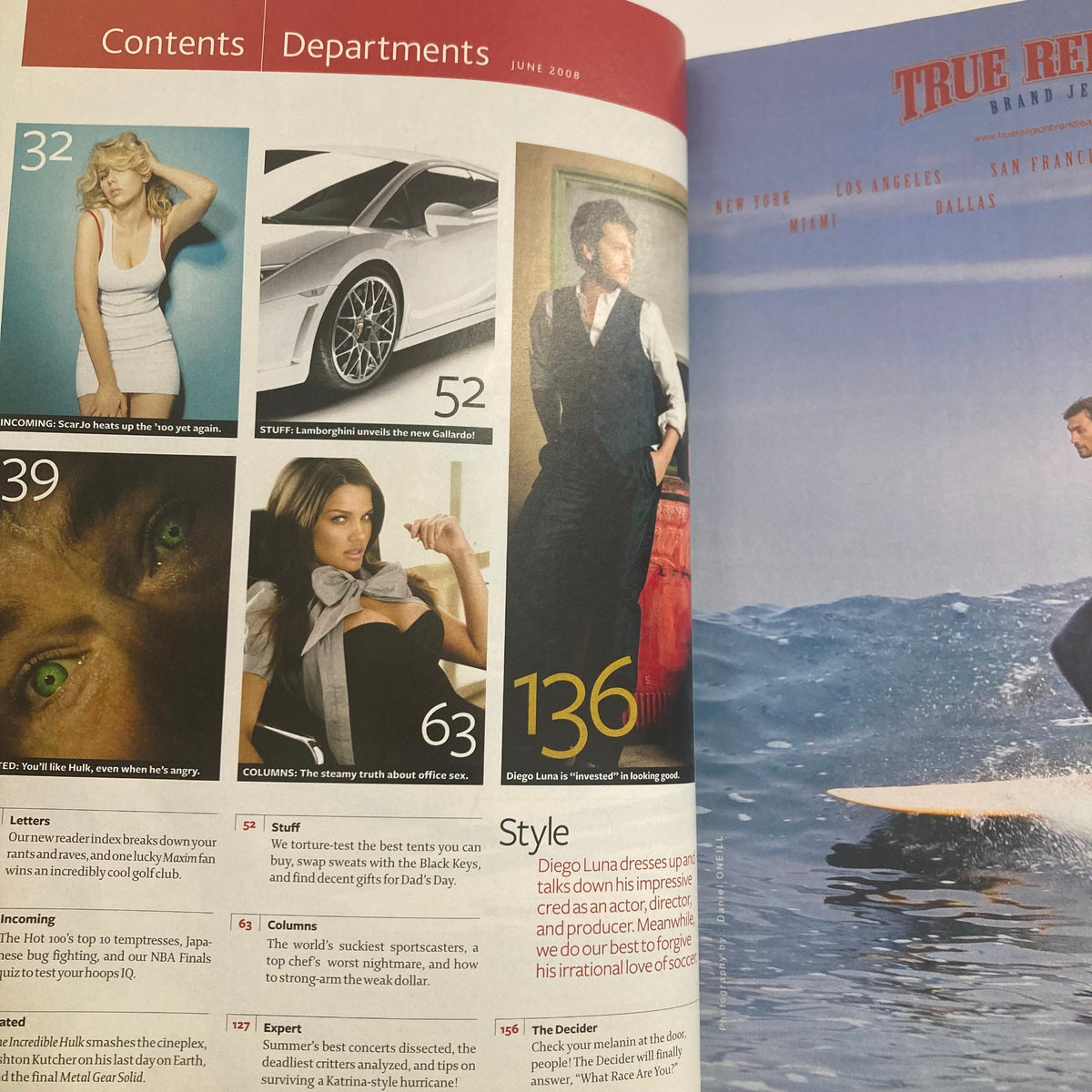 Table of contents from Maxim Magazine June 2008, showcasing various departments, including fashion and lifestyle articles.