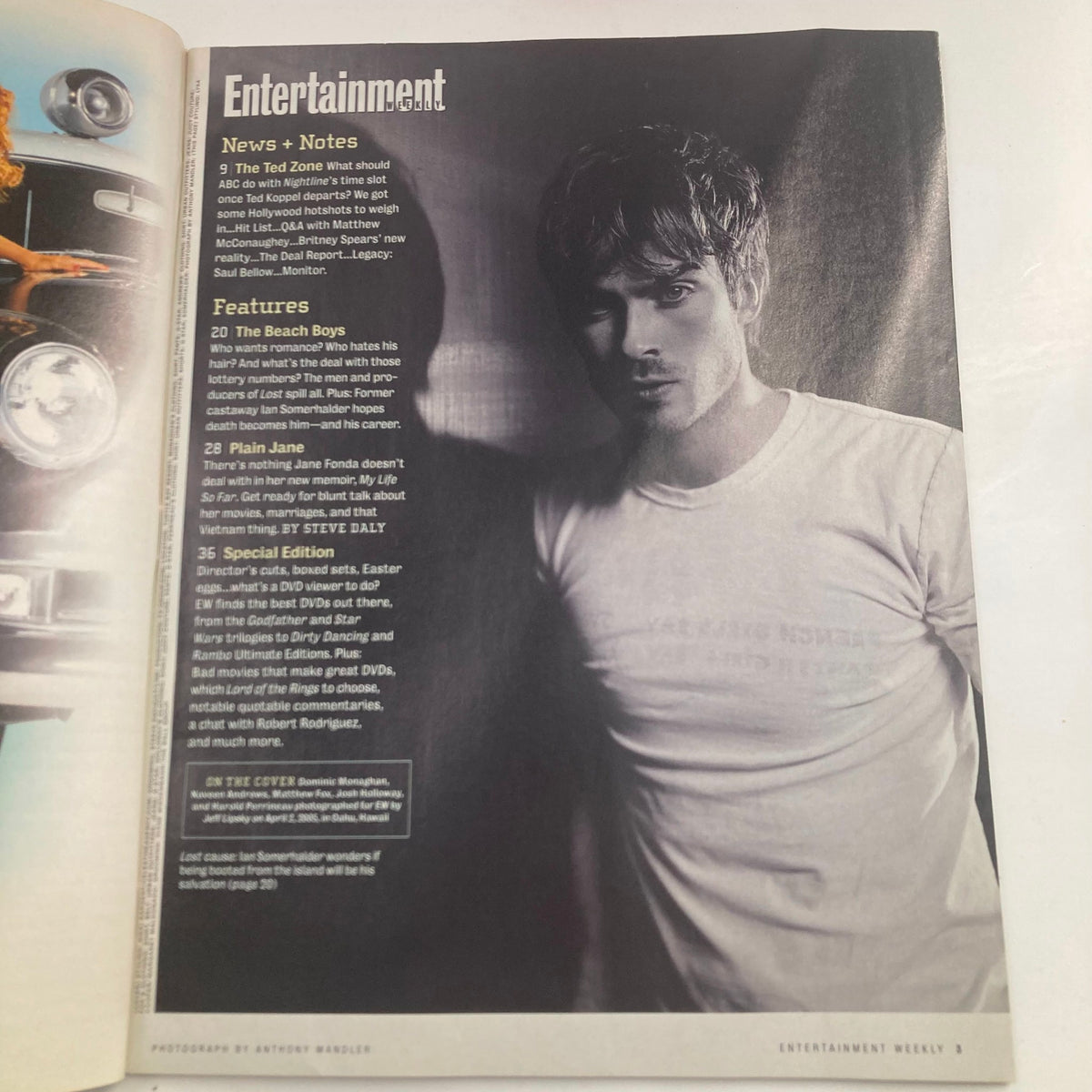 Interior page of Entertainment Weekly Magazine April 15 2005 #815 showcasing a feature on The Beach Boys and a close-up photo of a male model, emphasizing the magazine's diverse content.
