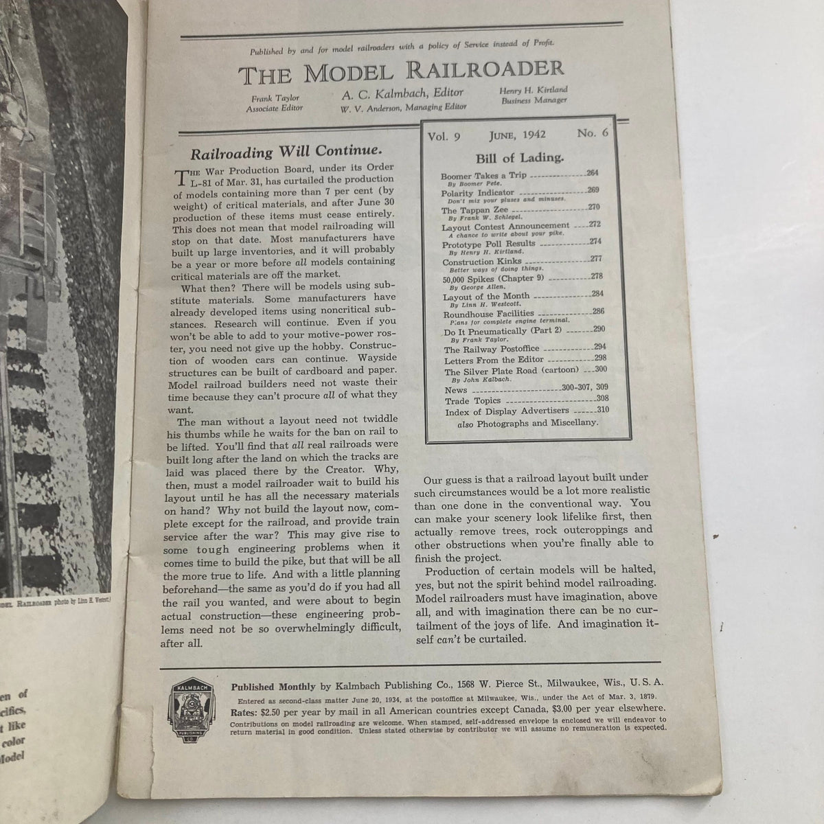 Inside page of the June 1942 Model Railroader Magazine, Volume 9, Number 6. The page features the table of contents, including the article 'Boomer Takes a Trip' among various topics related to model railroading.
