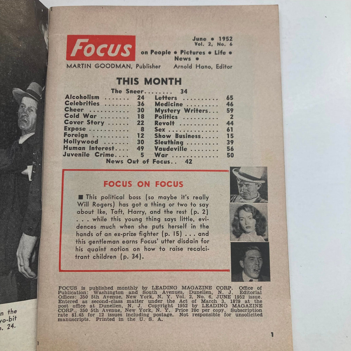 Inside page of VTG Focus Magazine June 1952, Volume 2, Number 6, showcasing content topics and magazine layout.