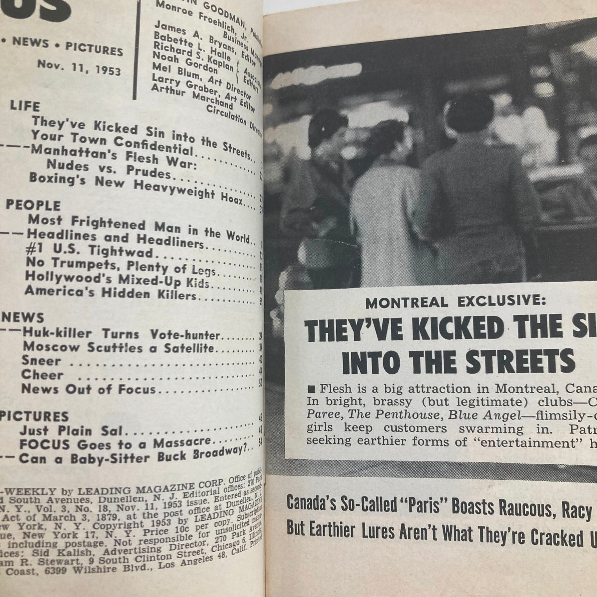 Interior page of VTG Focus Magazine November 11 1953 showcasing a table of contents and article titles including 'Nudes vs Prudes'.