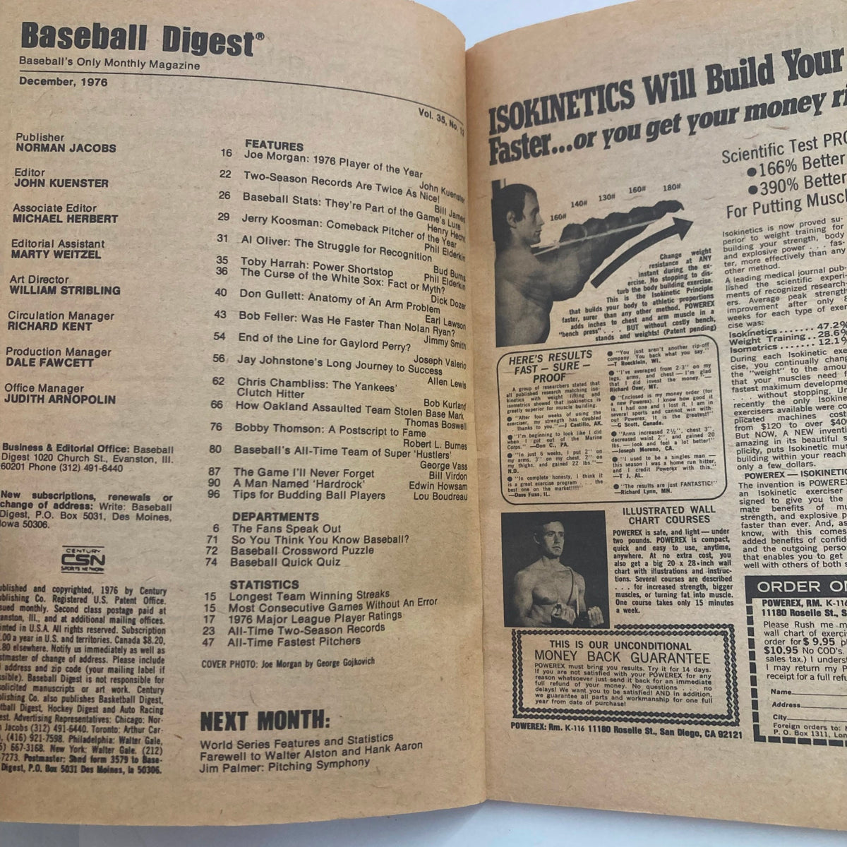 Interior page of VTG Baseball Digest Magazine December 1976 Vol 35 No. 12 displaying table of contents and featured articles, including insights on Joe Morgan and notable baseball statistics.