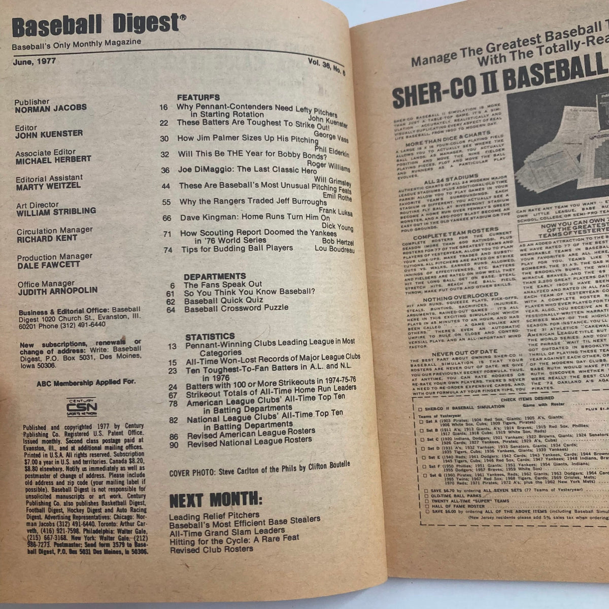 Interior page of the VTG Baseball Digest Magazine June 1977, showcasing articles and statistics related to Major League Baseball, including features on teams and players.