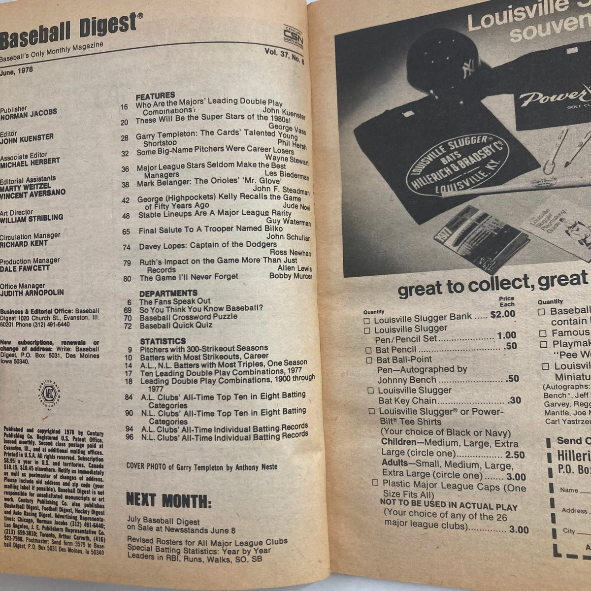 Inside page of the June 1978 VTG Baseball Digest Magazine featuring Garry Templeton on the cover. The page includes magazine features, statistics, and information relevant to the baseball community during the 1970s.