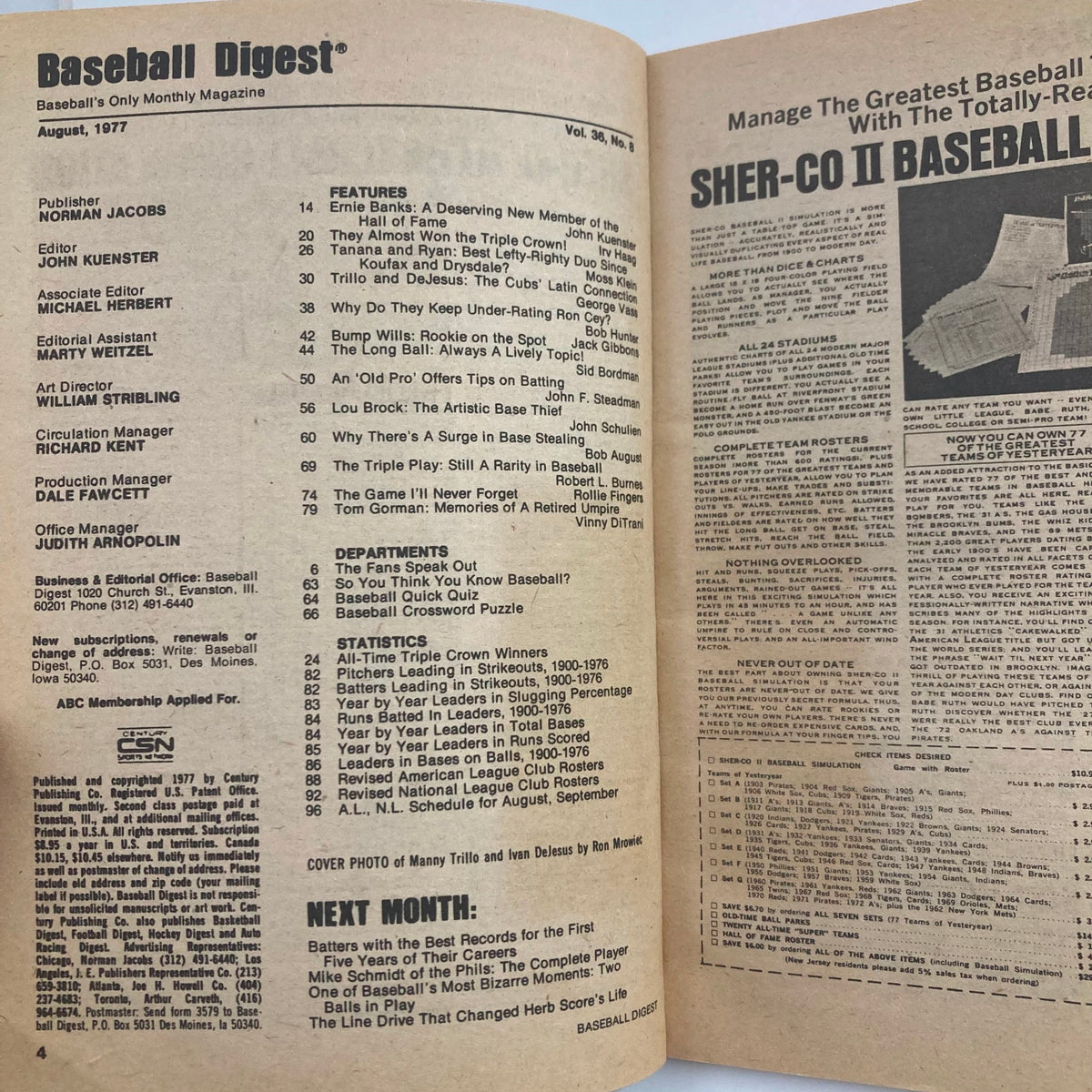 Interior page of the Vintage Baseball Digest Magazine August 1977, displaying the table of contents and featured articles including profiles on Manny Trillo and Ivan DeJesus.