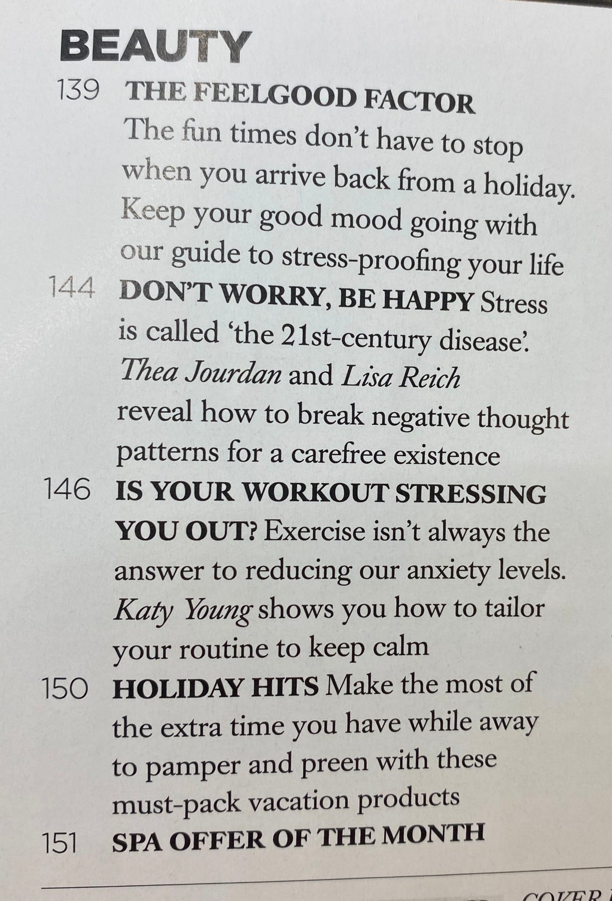 Interior page of Harper's Bazaar UK Magazine August 2012 with beauty articles highlighting stress management and wellness tips.