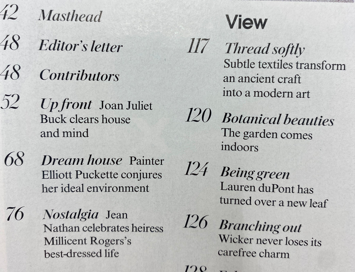 Table of contents from Vogue Living Magazine Fall/Winter 2006 featuring editorial highlights such as 'Masthead', 'Editor's letter', and various features including 'Dream House' and 'Botanical Beauties'.