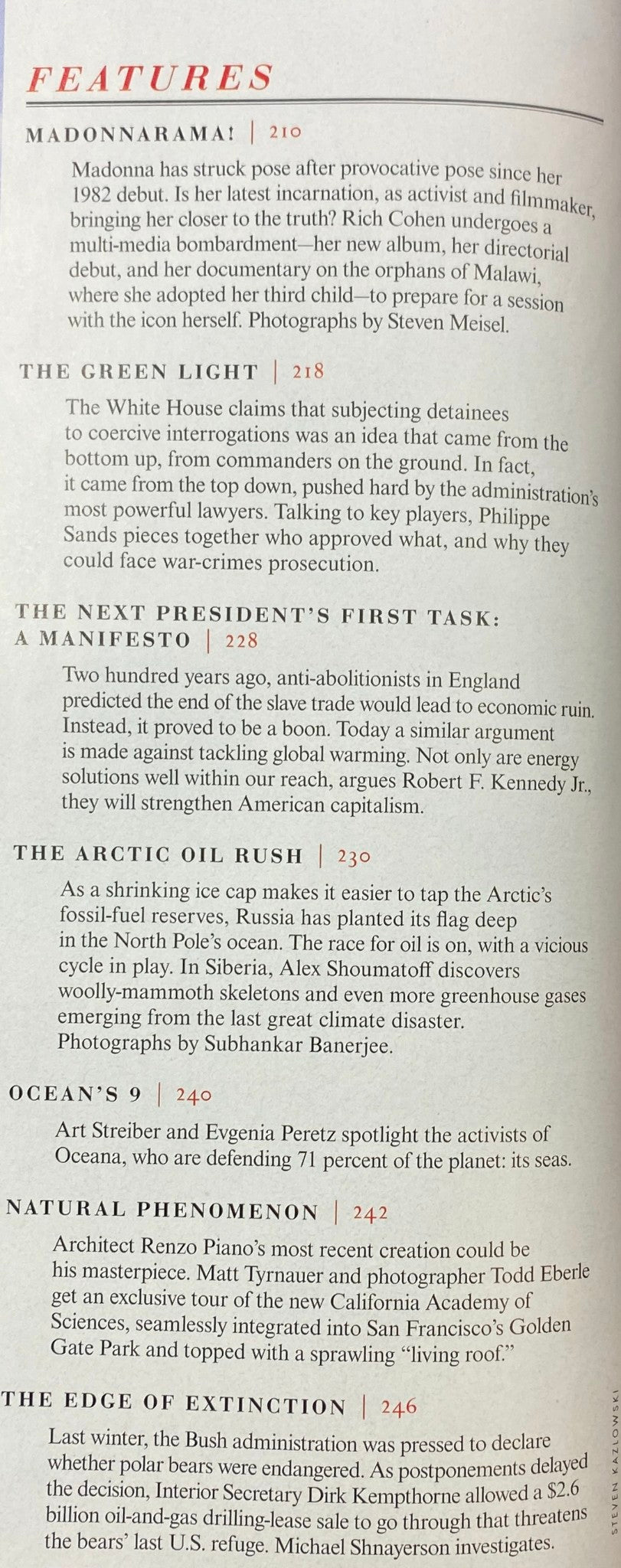 Features page from Vanity Fair Magazine May 2008, highlighting articles including Madonna's activism, environmental issues, and social commentary.