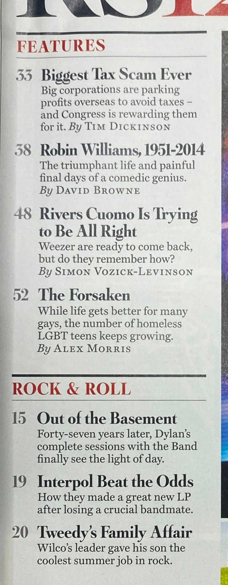 Features page from Rolling Stone Magazine September 11, 2014, Issue 1217 listing important articles, including 'Robin Williams, 1951-2014' and discussions on tax scams.
