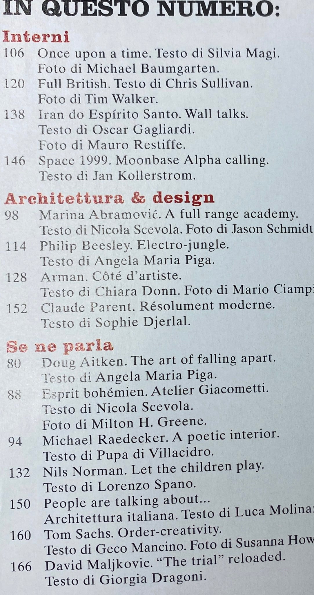 Table of contents from Casa Vogue Italia Magazine April 2011 outlining features on influential artists and designers, including photography and articles on contemporary art.