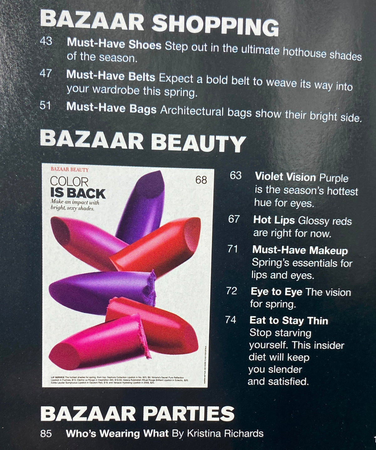 Bazaar Shopping section featuring highlights from Harper's Bazaar Magazine February 2002, showcasing must-have shoes and beauty tips.