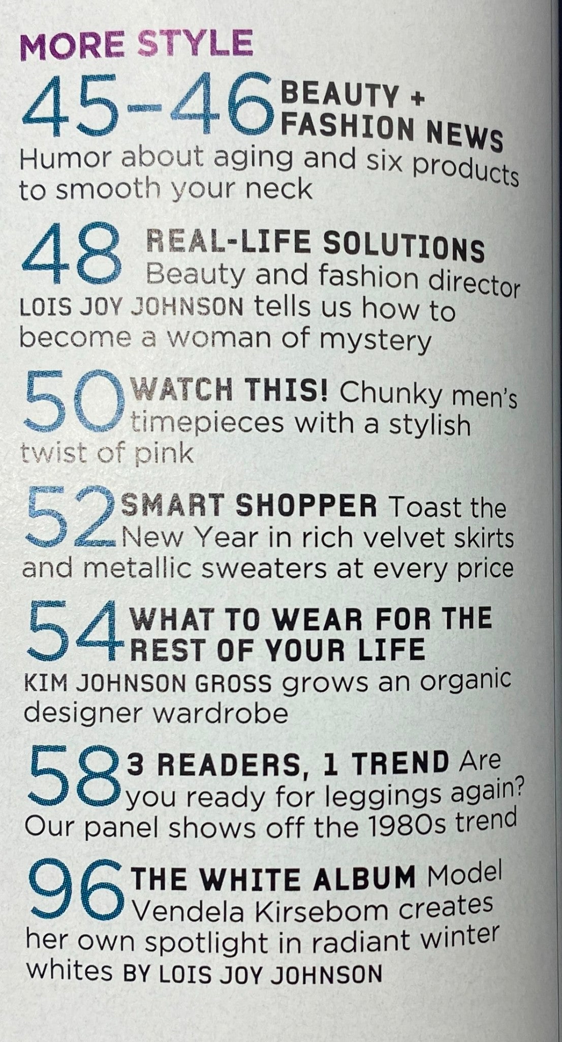 Pages 45-46 from More Magazine December 2006 offering beauty and fashion news, emphasizing humor and advice related to aging.