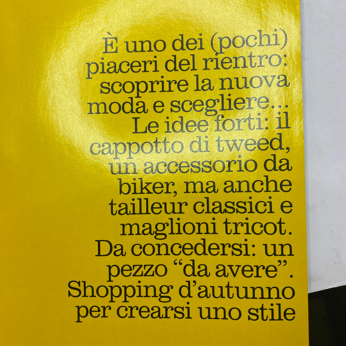 Inside page of Marie Claire Italia Magazine September 2003 showcasing text about fall fashion ideas including tweed jackets and autumn shopping tips.