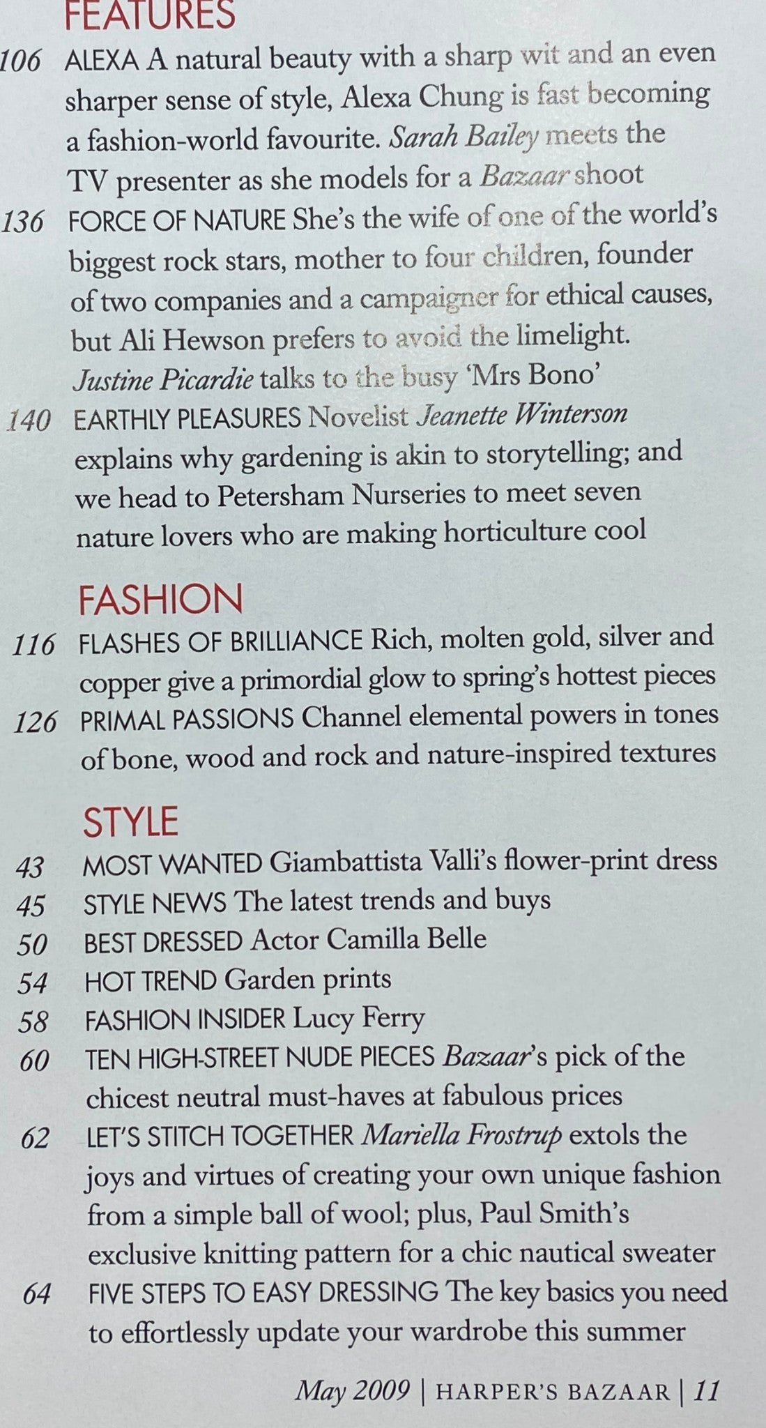Interior page of Harper's Bazaar UK May 2009 magazine displaying features on style and beauty, including an article on Alexa Chung.