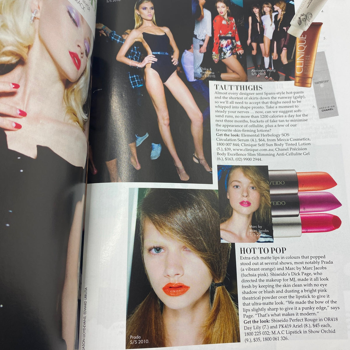 Fashion spread from Harper's Bazaar Australia Magazine January 2010 featuring makeup trends and fashion highlighted alongside a model wearing a black outfit.