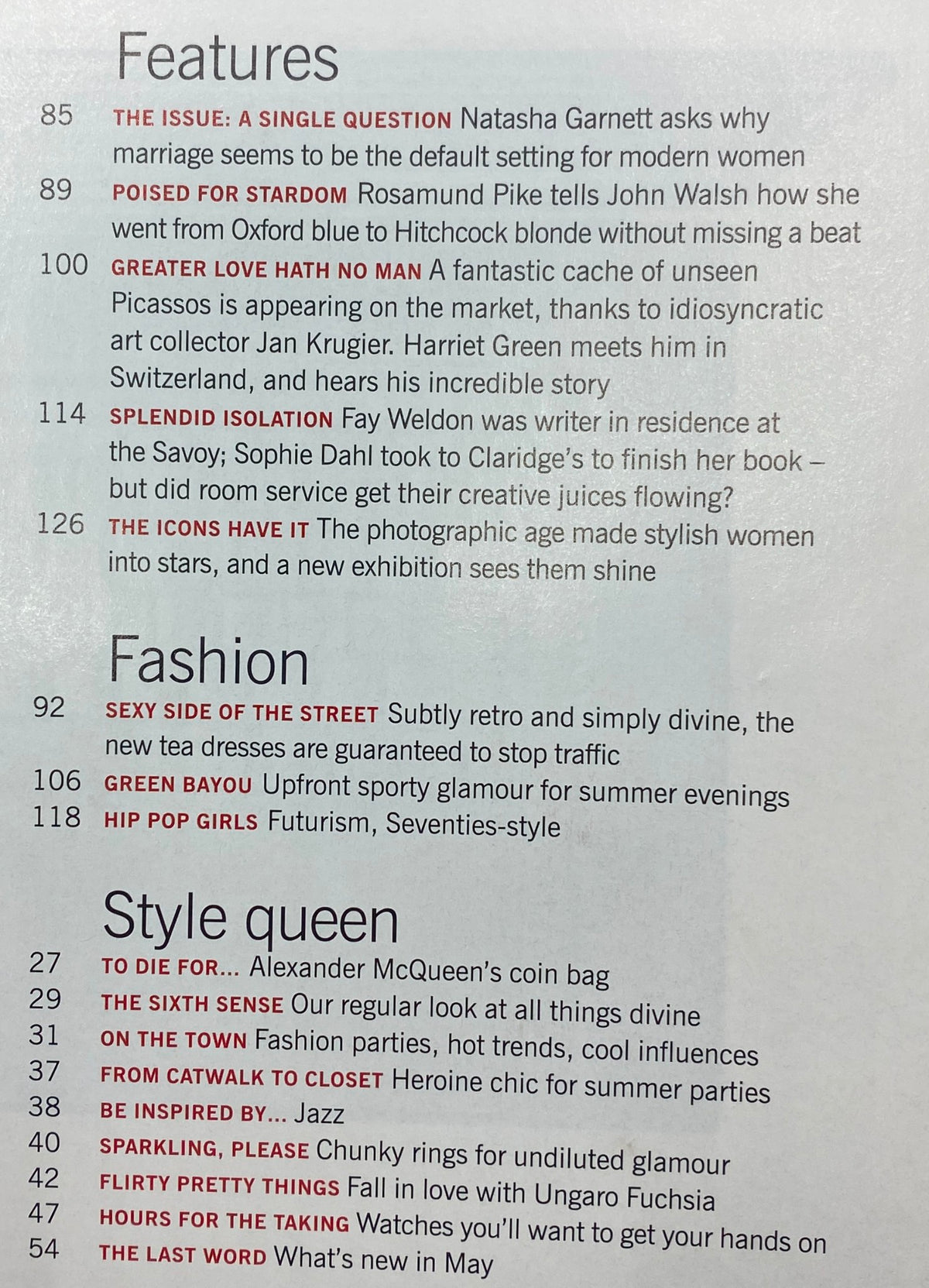 Contents page of Harpers & Queen Magazine May 2003, featuring articles on cultural discussions, fashion, and unseen Picassos.